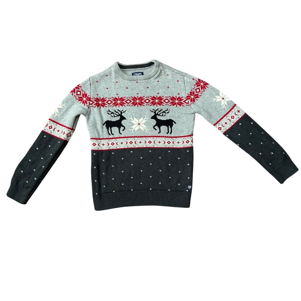 Chaps Kids Sweater Size S (7/8)‎ Gray Reindeer Snowflake Holiday Winter